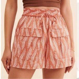 Hutch Leaf Pattern High Waist Tie Shorts Rust Cotton Blend Stretch Size Large